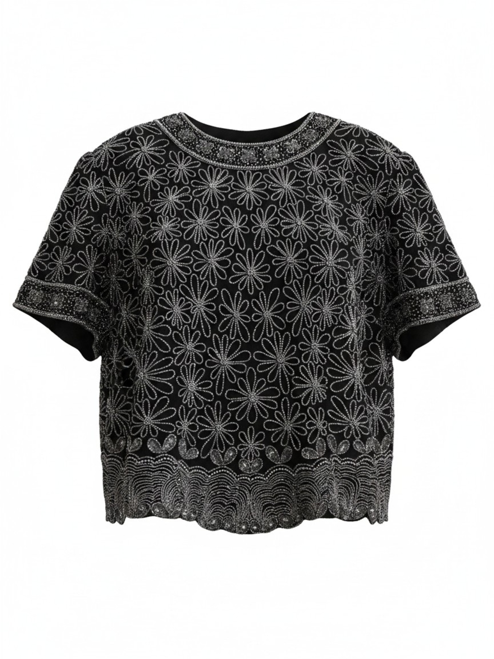 Papell Boutique Black Short-Sleeve Beaded Floral Top 1x